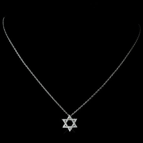 Antique Rhodium Silver Clear CZ Crystal Star Of David Pendent Drop Bridal Wedding Necklace 7733