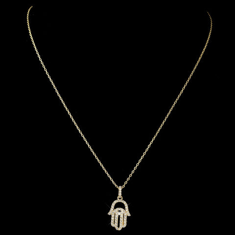 Gold Clear w/ Sapphire Center Hamsa Evil Eye Hand Middle Eastern Arabic CZ Crystal Pendent Bridal Wedding Necklace