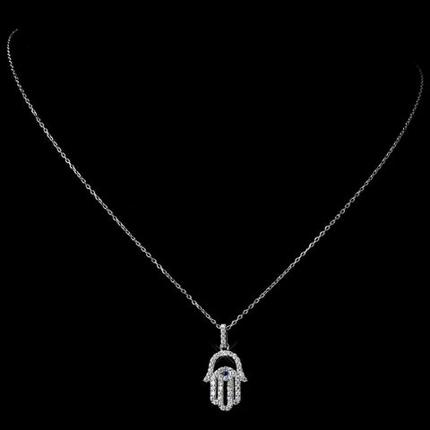 Antique Rhodium Silver Clear w/ Sapphire Center Hamsa Evil Eye Hand Middle Eastern Arabic CZ Crystal Pendent Bridal Wedding Necklace 7734