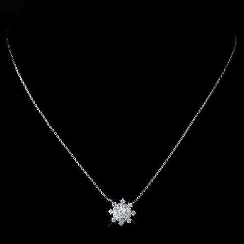 Antique Rhodium Silver Clear Snowflake Encrusted Pendent Necklace & Petite Snowflake Drop Earrings Bridal Wedding Jewelry Set 7737