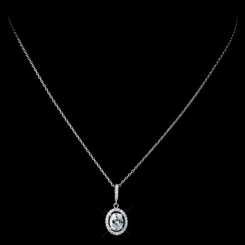 Antique Rhodium Silver Clear Oval Pendent Drop Bridal Wedding Necklace 7738