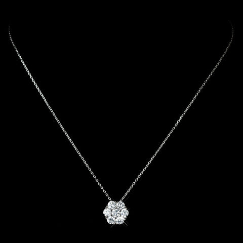 Antique Rhodium Silver Clear CZ Crystal Flower Encrusted Cluster Pendent Bridal Wedding Necklace 7742
