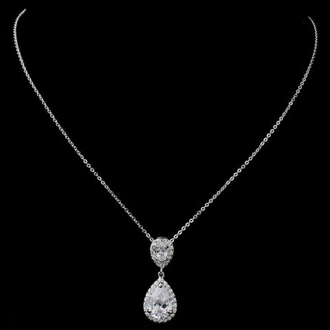 Rhodium Clear Pave CZ Teardrop Pendant Bridal Wedding Necklace 7761