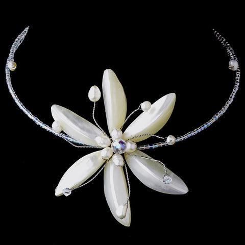 White Shell Flower w/ Pearl Choker Bridal Wedding Necklace 7826