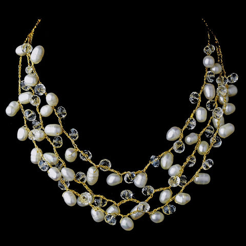 Gold Silk White Pearl Clear Crystal Bridal Wedding Necklace 7829