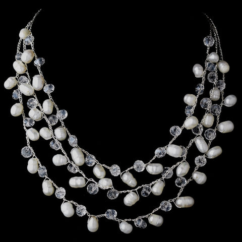 Silver Silk White Pearl Clear Crystal Bridal Wedding Necklace Earring Set 7829