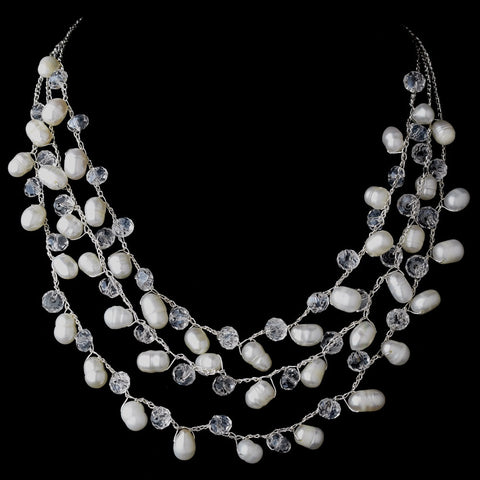 Three Row Bridal Wedding Necklace with Alternating Pearl & Crystal Embellishments 7829
