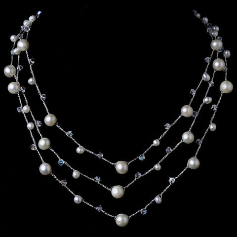Faux Pearl & Austrian Crystal Studded Three Row Bridal Wedding Necklace 7831