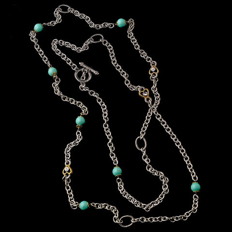 Silver Aquamarine 60" Bridal Wedding Necklace w/ Gold Hearts 7986