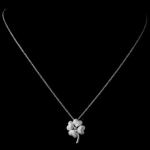 Gorgeous Silver Clear Pave CZ Four Leaf Clover Charm Bridal Wedding Necklace 8111
