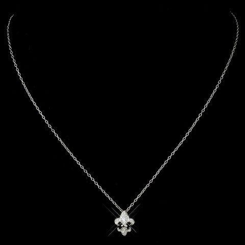 Antique Silver Clear French Inspired Fleur De Lis Bridal Wedding Necklace 8120