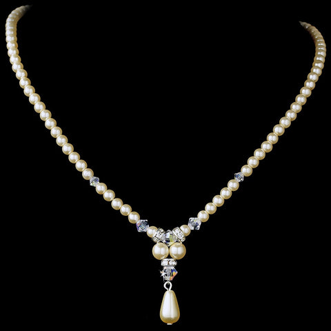 Elegant Silver Pearl & AB Crystal Bridal Wedding Necklace & Earring Set 8151