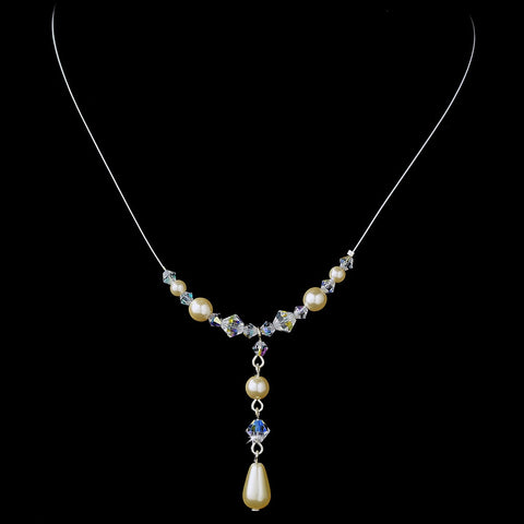 Delightful Silver Ivory Pearl & AB Crystal Bead Bridal Wedding Necklace 8154