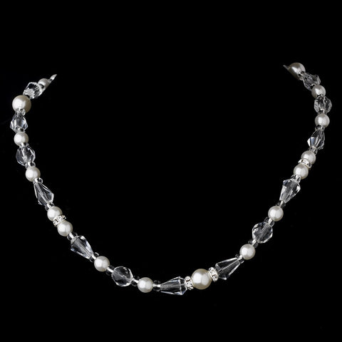 Bridal Wedding Necklace Earring Set NE 8360 Silver White Pearl