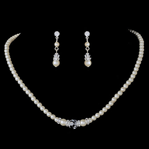 Silver plated Bridal necklace and earring set features faux pearl with crystals N 8368 E 8370