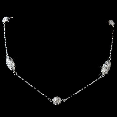 Antique Rhodium Silver Clear Crystal Pave Ball Chain Bridal Wedding Necklace 8571