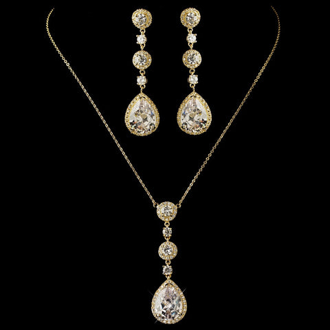 Gold Clear Round & Teardrop CZ Crystal Bridal Wedding Necklace 8623 & Bridal Wedding Earrings 8676 Bridal Wedding Jewelry Set