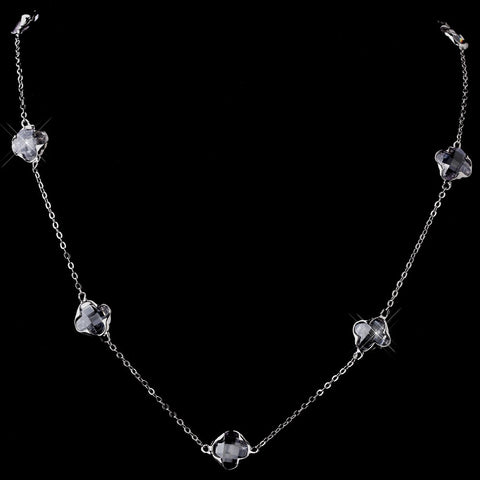 Stunning Silver Clear Faceted Clover 24" inch Long Crystal Bridal Wedding Necklace 8646