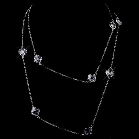 Stunning Silver Clear Faceted Clover Crystal Long Bridal Wedding Necklace 8647