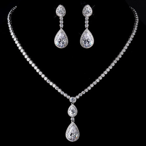 Antique Silver Clear Tear Drop CZ Stone Bridal Wedding Necklace 8749 & Bridal Wedding Earrings 8656