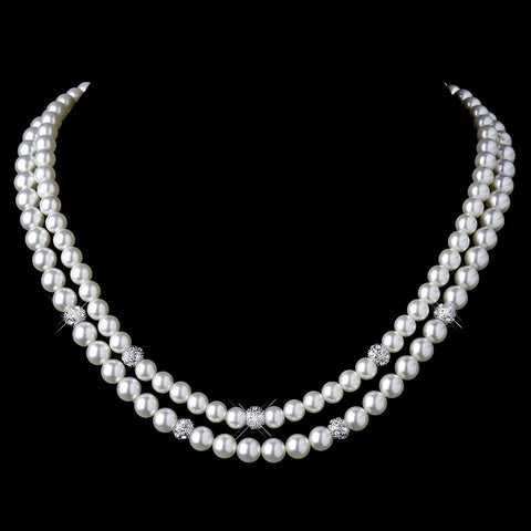 Silver Diamond White Pearl Necklace 8760 & Earrings 8761 Bridal Wedding Jewelry Set