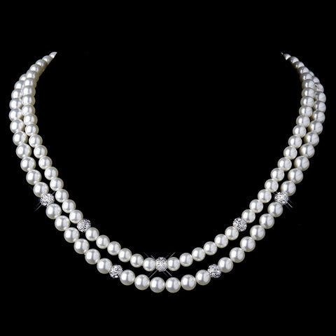 Silver Diamond White Pearl and Pave Ball Bridal Wedding Necklace 8760