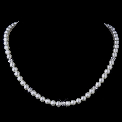 Silver Diamond White Pearl Pave Ball Bridal Wedding Necklace 8762