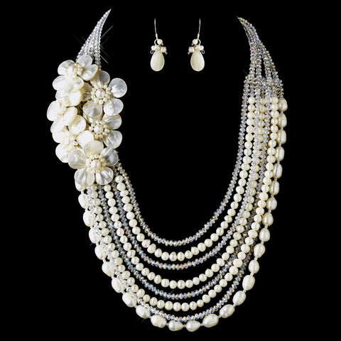 Silver Ivory Pearl & Austrian Crystal Flower Necklace 8769 & Earrings 8253 Bridal Wedding Jewelry Set