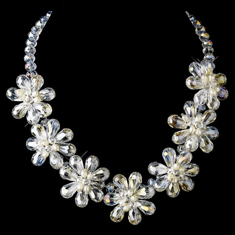 Silver Ivory Pearl & Floral Crystal Bridal Wedding Necklace 8776