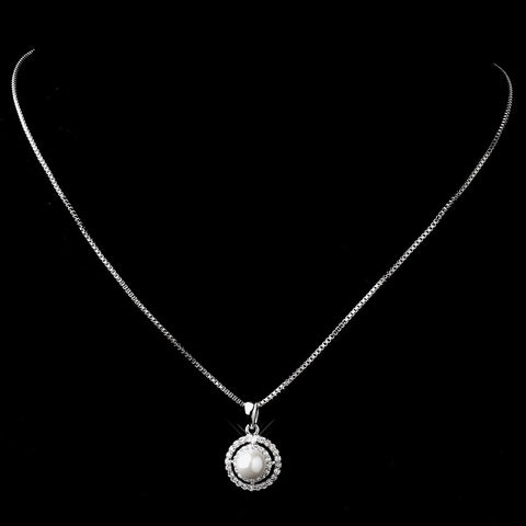 Antique Silver White Pearl & CZ Crystal Bridal Wedding Necklace 8902