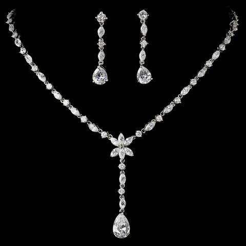 Bridal Wedding Necklace Earring Set N 9000 E 9011 Silver Clear
