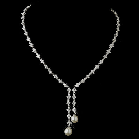 Stunning Antique Silver Pearl & CZ Bridal Wedding Necklace N 9017