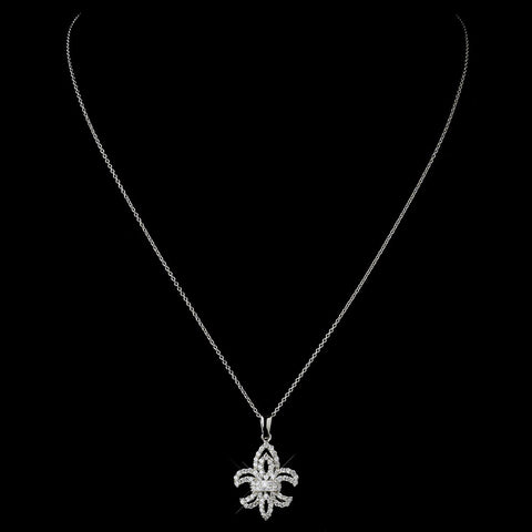 Silver Clear CZ Crystal Fleur De Lis Bridal Wedding Necklace 9250