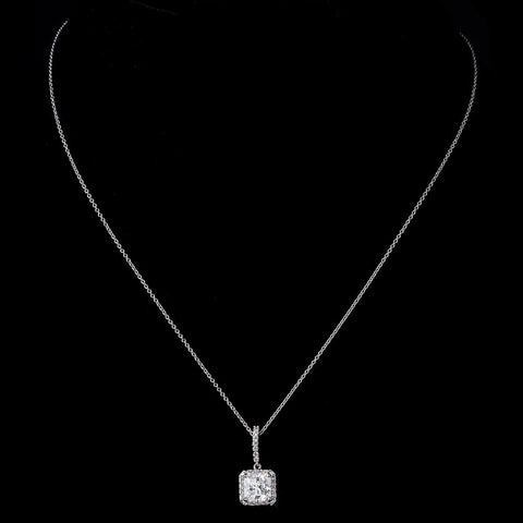 Antique Silver Clear CZ Princess Cut Bridal Wedding Necklace 9251 & Bridal Wedding Earrings 9248