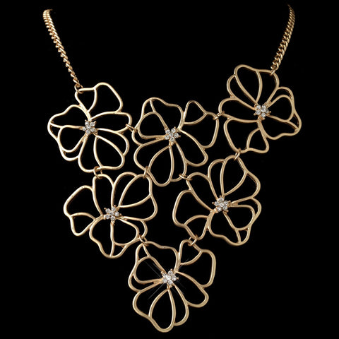 Gold Matte Floral Fashion Bridal Wedding Necklace 9503 w/ Rhinestones