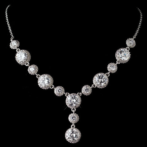 Rhodium Clear CZ Round Crystal Bridal Wedding Necklace 9620 & Bridal Wedding Earrings 9732 Bridal Wedding Jewelry Set