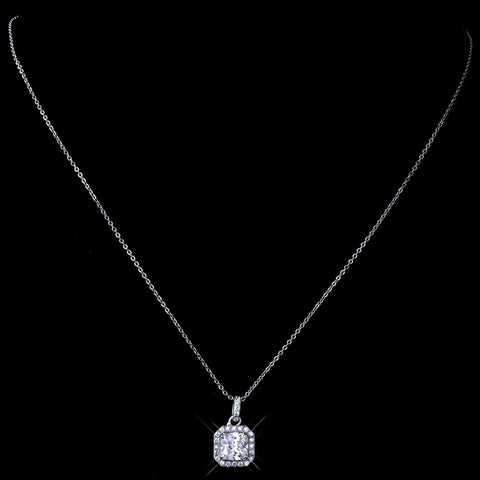 Rhodium Clear Princess Cut Pendant Bridal Wedding Necklace