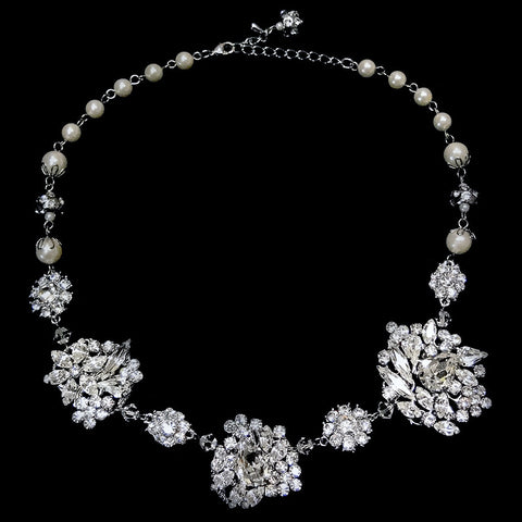 Antique Rhodium Silver Clear Ivory Pearl Accented Bridal Wedding Necklace 9860