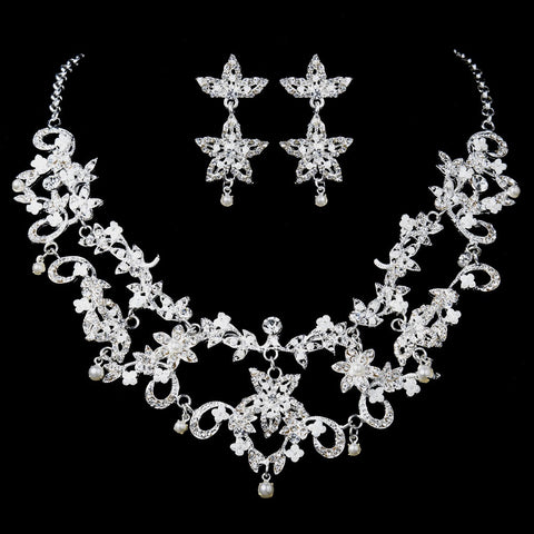 * Statement Bridal Wedding Necklace Earring Set 1013 Silver Clear