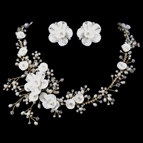 Beautiful Crystal, Porcelain & Pearl Bridal Wedding Jewelry Set NE 1015