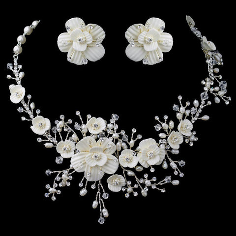 Beautiful Silver & Gold Crystal, Porcelain & Pearl Bridal Wedding Jewelry Set 1015