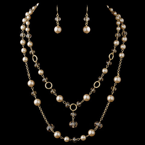 Gold Tan Tone Pearl and Crystal Cascade Bridal Wedding Necklace & Earrings Bridal Wedding Statement Bridal Wedding Jewelry Set 1040