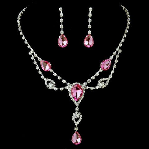 Silver Clear & Pink Rhinestone Bridal Wedding Jewelry Set 12054