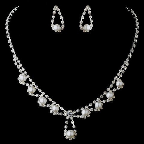 Silver White Bridal Wedding Necklace Earring Set 12224