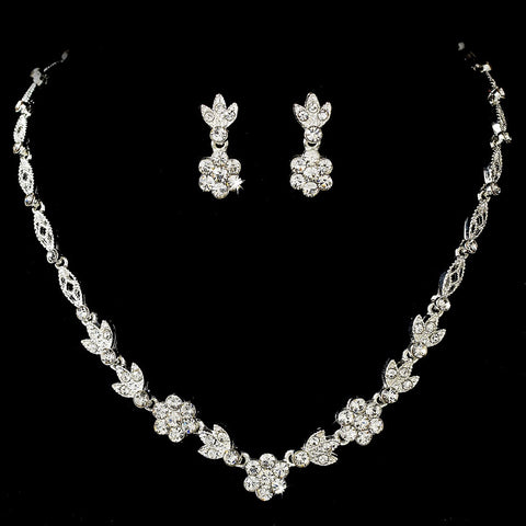 Stunning Silver Clear Crystal Flower Bridal Wedding Necklace & Earring Set 1262