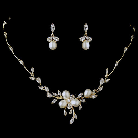 Gold Freshwater Pearl & CZ Crystal Bridal Wedding Jewelry Set 1269