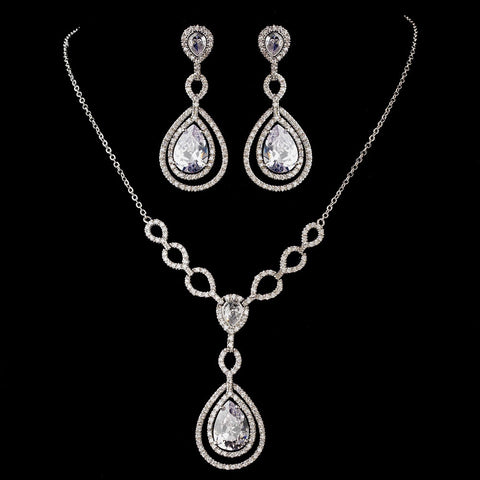 Silver Clear Cubic Zirconia Bridal Wedding Necklace Earring Set 1277