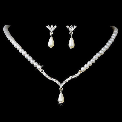 Silver & White Pearl Bridal Wedding Necklace and Earring Set NE 129