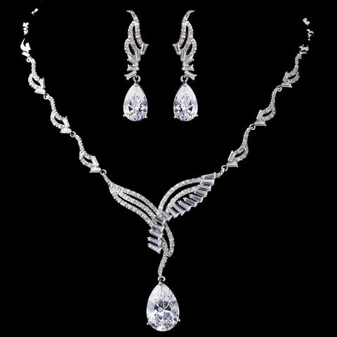 Silver Clear CZ Bridal Wedding Necklace & Earring Set 1292