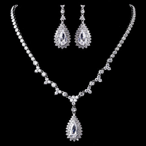 Silver Clear CZ Bridal Wedding Necklace Earring Set 1300